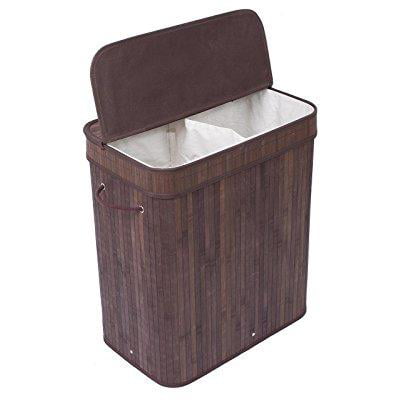 Bamboo Baby Dirty Clothes Bin Sorter Basket BIRDROCK HOME Double Collapsible Laundry Hamper with Lid and Removable Liners Foldable Hamper Easily Transport Laundry Double Hamper